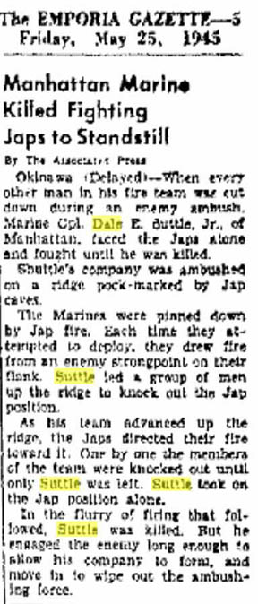 Dale Suttle's death reported in the Emporia Gazette.
